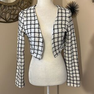 NWOT White and Black Tweed Open Front Crop Jacket